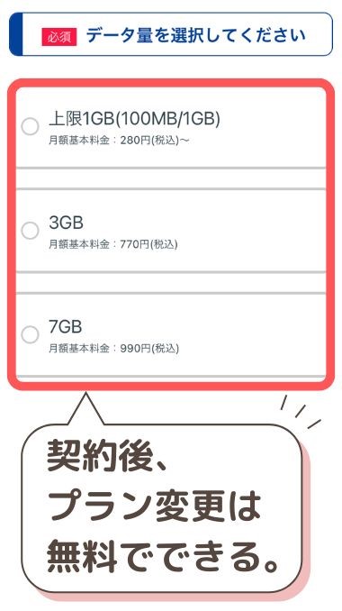 ②データ量や通話オプションなどを選択。