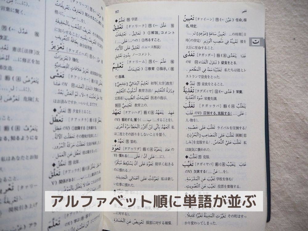 パスポート初級アラビア語辞典。
アルファベット順に並ぶ。